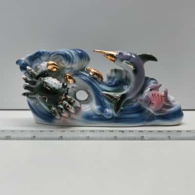 Vintage Ceramic Marine Ocean Sculpture Swordfish Marlin Crab Gold Gilt 20cm