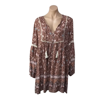 Iris Maxi Womens Size 16 Brown / Pink / Blue Pattern Long Sleeve Mini Dress