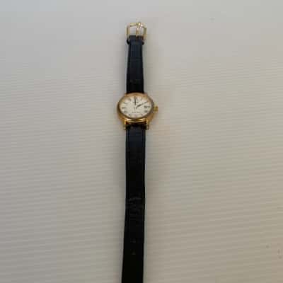 Ladies Lorus Gold Tone Dress Watch with Black Leather Band