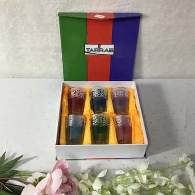 Tarrab Set of 6 Silver Floral / Coloured Pattern Moroccan Tea Glasses (boxed)