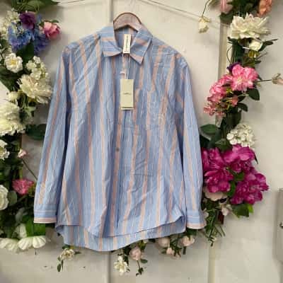 Lorna Jane Womens  Size 10 Long Sleeve Shirt Blue/ orange/ Striped 