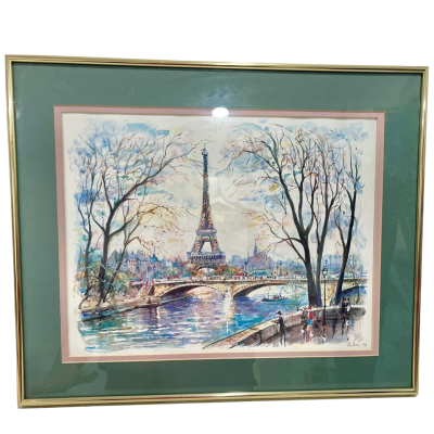 Stunning Watercolour View of the Eiffel Tower From the Riverbanks Framed Behind Glass 