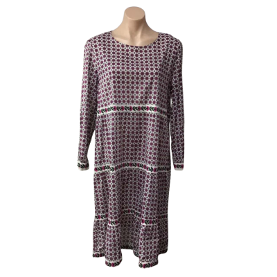 Marco Polo Womens Size 12 White / Pink / Green / Pattern Long Sleeve Midi Dress 