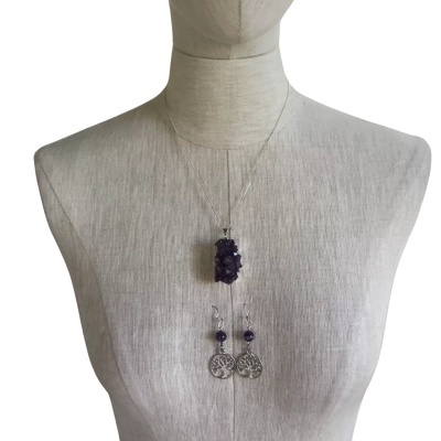  Raw Amethyst  Pendant on S/S 925 Chain & Amethyst Tree of Life Earrings 925 Silver 