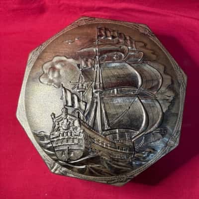Large Octagon Repousse Galleon Hinged Lidded  Tin