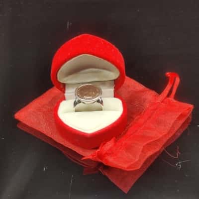 Von Treskow 925 Silver Threepence (Gold Plated) Ring Size 6.5 = N - In Heart Shaped Red Velvet Gift Box