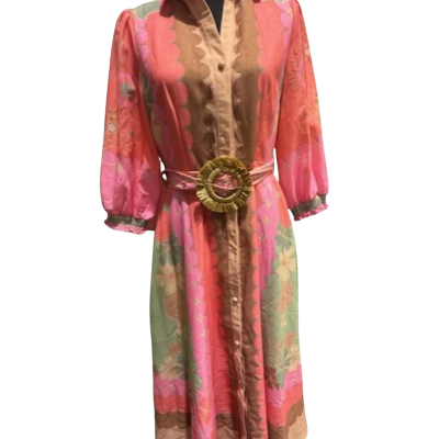 AVE Dress Size 12 Long Belted Dress Multicoloured 