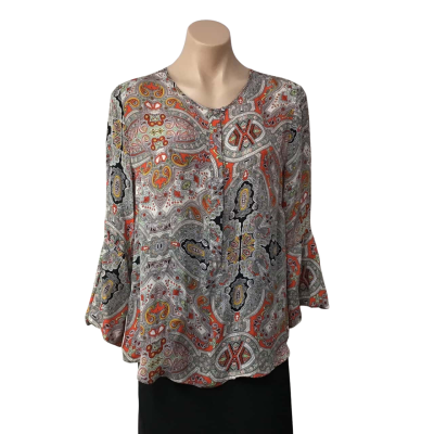 Grace Hill Womens Size 14 White / Orange / Black / Green / Grey Pattern 3/4 Sleeve Top