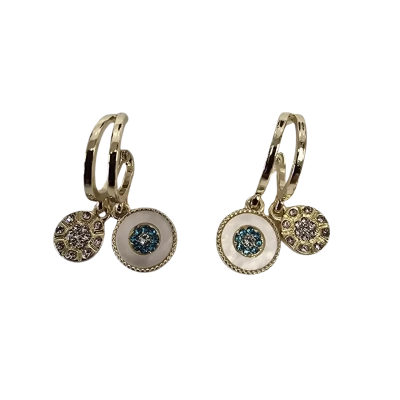  Womens Earrings Mother of Pearl Look Disc with Blue Stones and Small Gold Disc with Diamante Double Ring