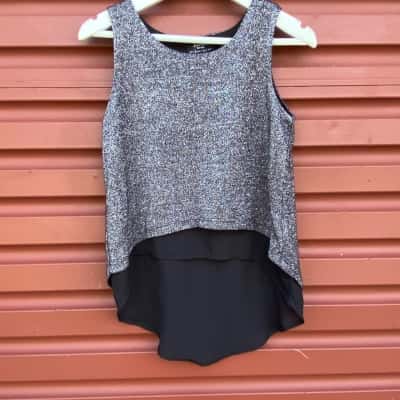 Bardot Junior Kids Size 7 Black  & Metallic Silver Shimmer Top