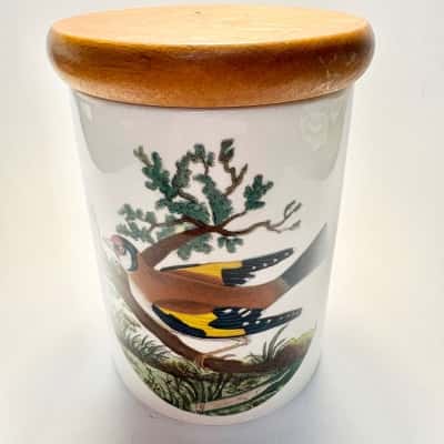 Portmeirion Birds of Britain Goldfinch Glazed Earthern Ware Wooden Lidded Jar