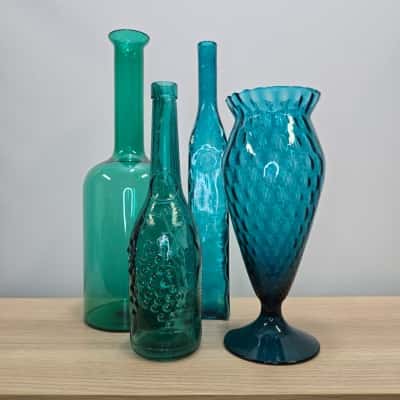 Set of 4 Teal Blue Decorative Glass Vases & Bottles – Retro Coastal Décor