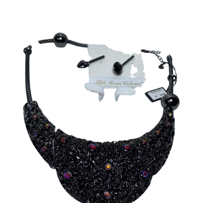 black "Glam Alert" statement necklace from the Fifth Avenue Collection features iridescent crystals and a mesh texture.