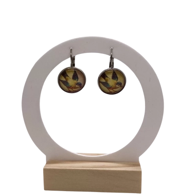 Vintage Style Birdie Cabochon Drop Earrings Silver Tone Leverback