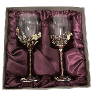 Forever international wine globet pair enamel dragonfly purple orange 