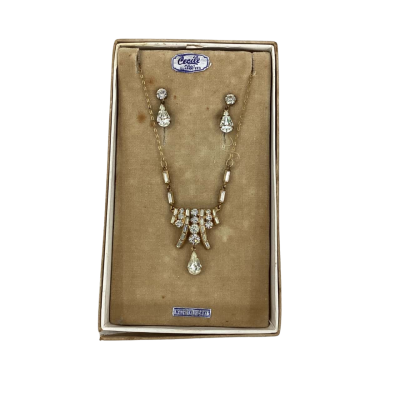  Womens Vintage Cecile Clip On Earrings / Art Deco Necklace Gold Tone Matching Set(Stamped Made In Austria)