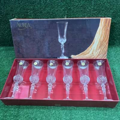 Vintage Royal Crystal Rock Aurea Champagne Flutes x 6 (New In Box)