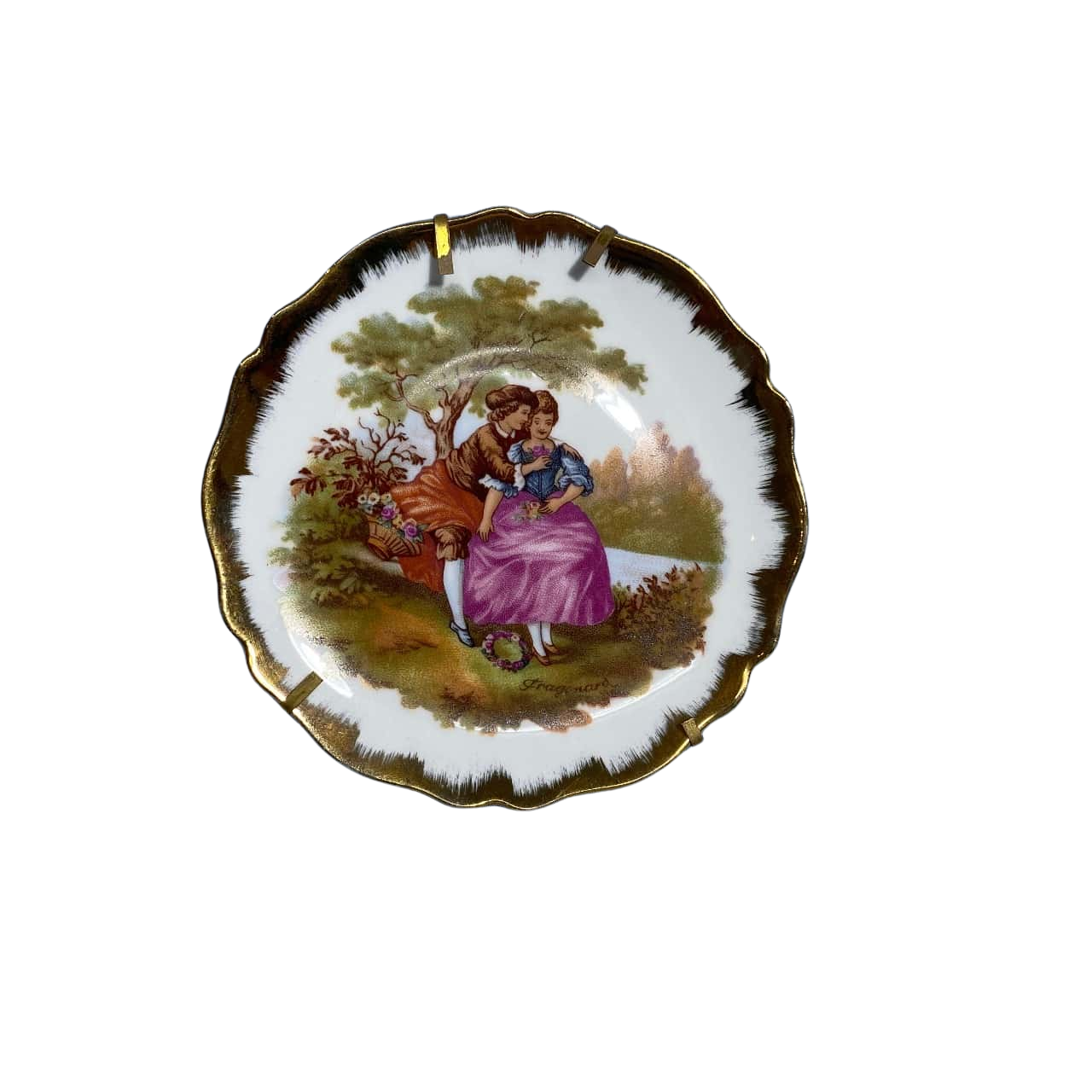 Broche Ancienne En Porcelaine De Limoges - Scène Fragonard Couple Amoureux, Cadre Doré, état Très Bon