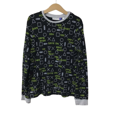 Lily & Dan Kids Size 12 Black with Grey & Green Game Over Pattern Long Sleeve Top