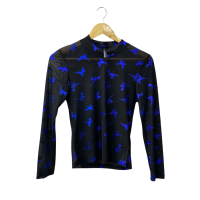 Dangerfield Womens  Size 8 Long Sleeve Dinosaur Print Top Black  / Blue 