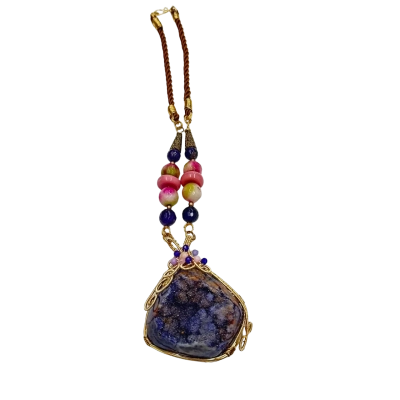 Handmade Druzy Agate  Womens Necklace Purple Beaded on Cord. 