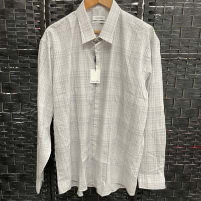 Calvin Klein Mens  Size 46 Business Shirt Checked / Grey / White 