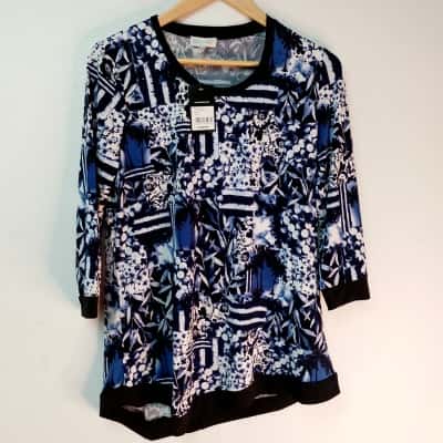 Grace Hill Womens  Size S 3/4 Sleeve Top Black  / Blue / Pattern 