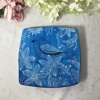 Ab Fab Ceramics Blue / White Bird & Flower Pattern Ceramic Square Display Plate