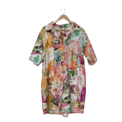  Cactus Rose Shirt Dress With Belt  Size 14 Floral Linen/Cotton