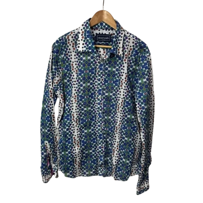 David Smith Mens Size XXL White / Multicoloured Pattern Slim FitLong Sleeve Shirt