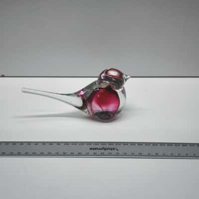 Vintage Pink & Clear Art Glass Bird Figurine Hand Blown Paperweight