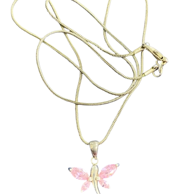  Womens Stirling silver 25cm drop Necklace with pink cubic zirconia dragonfly