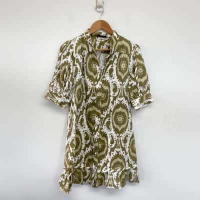 G.D.S By Helenam Green White Short Sleeve Mini Dress  Size M 