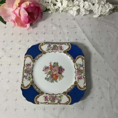 Vintage Gold Castle Blue / Floral Pattern Square Side Plate