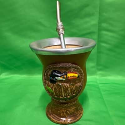 Decorative Chimarroa Cuia (mate gourd) With Fix Base & Toucan Motif with Metal Bombilla (Spoon/ Straw)