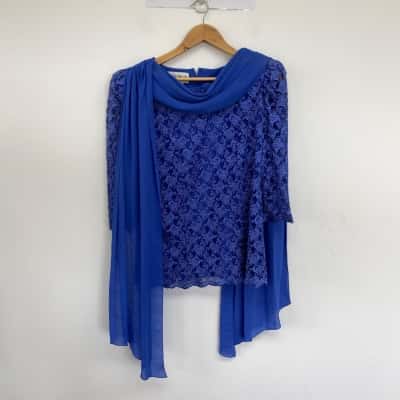 Vintage Myer Sutherland Melbourne Blue Floral Lace Short SLeeve Blouse Top  Size 14 