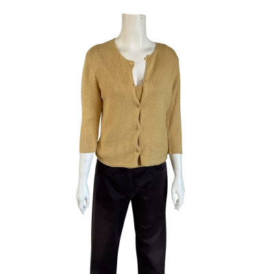Ronit Zilkha Pale Yellow Silk Button Up Crew Cut Neck Cardigan and Vest Size M