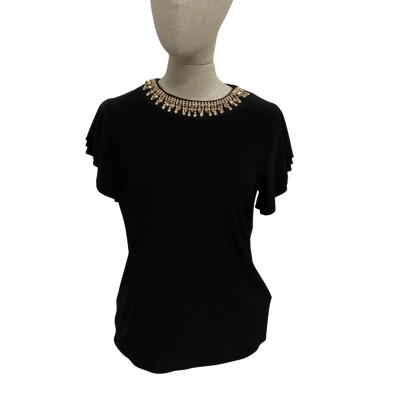 Joseph Ribkoff Womens  Size 4 Short Sleeve Top with Diamanté Neckline  Black  / Gold 