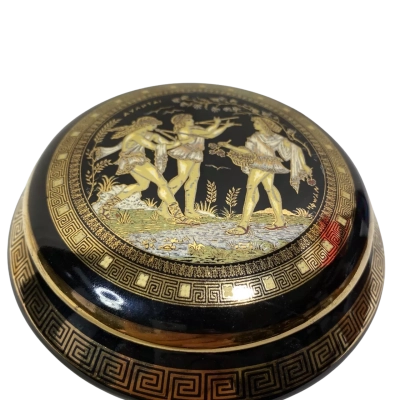 vintage Greek ceramic trinket box, typically handcrafted and decorated