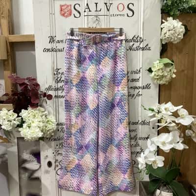 Portmans Brand! GROOVY EYE CATCHING WIDE LEG PANT WITH BELT ATTACHMENT! Womens  Size 10 Casual Pants / Wide Leg Pants Blue / Pattern / Pink  / Purple 