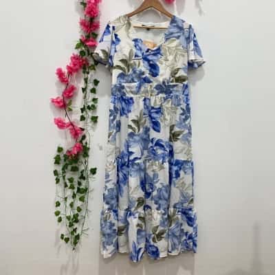 Liz Jordan Womens Floral Midi Dress Size 16 Beige / Blue / Olive 