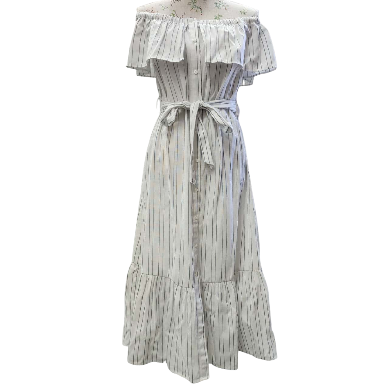 Seed Heritage Womens Size M 48 Linen Maxi Off The Shoulder Dress Navy Blue / Pinstripe / White (s)