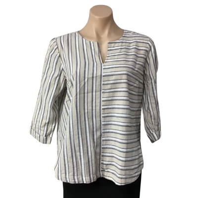 Regatta Petites Womens Size 12 Beige / Navy Blue / White Striped 3/4 Sleeve Top