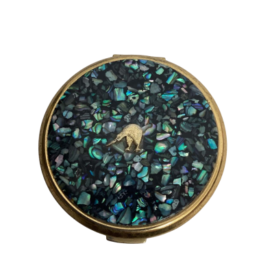 Vintage Gold Tone Kiwi Paua Shell Powder Compact 