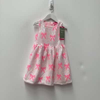 New- Barbie Bow Seq Dress Pink / White Kids Size 3
