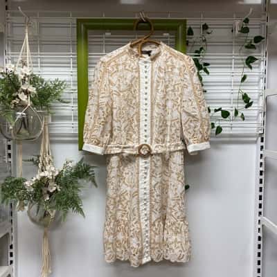  G.D.S. by Helena M Broderie Anglaise Brand New with Tags Womens  Size L Midi Dress / Short Sleeve Dress  Beige / Cream 