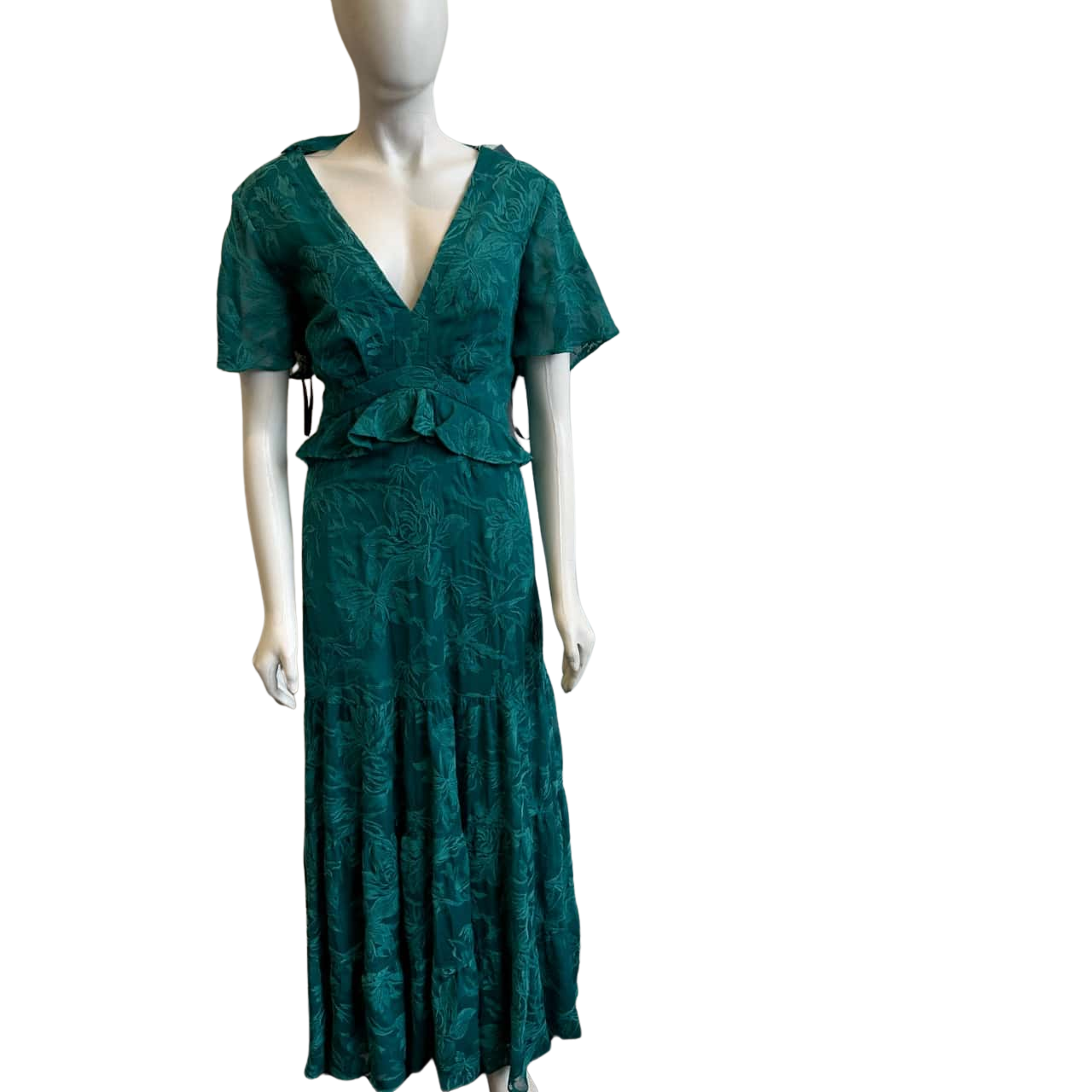 BNWT Forever New Women's Size 14 Ida Embroidered Tiered Maxi Dress Green (s)