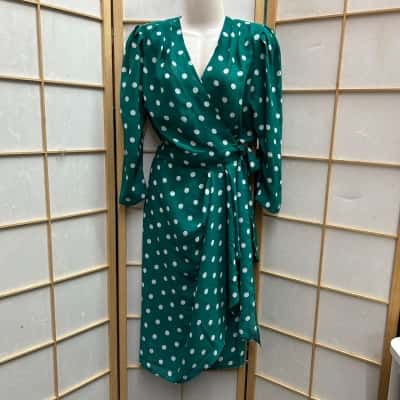  Vintage 70s-80s SALLY BROWNE Women’s Size 8 Long Sleeve Dress / Midi Dress / Wrap Dress Green / Polka Dot 