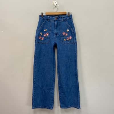 Princess Highway Womens  Size 8 Mid Rise Embroidered Jeans / Wide Leg Jeans Blue 