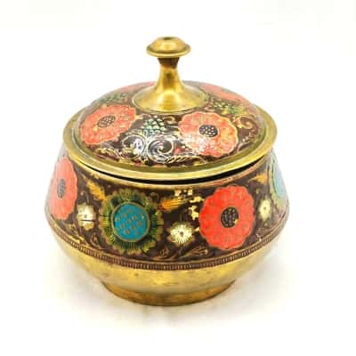 Vintage Indian Enameled And Etched Brass Lidded Trinket Bowl/Jar With Hand-Painted Red, White, And Blue Floral Motifs, Commonly Associated With Mid-To-Late 20th-Century Indian Brass Handicraft Traditions